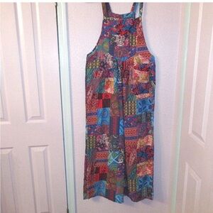 Psychedelic PATCHWORK Bib Overalls Size L JUMPSUIT Wide Leg POCKETS Baggy HIPPIE